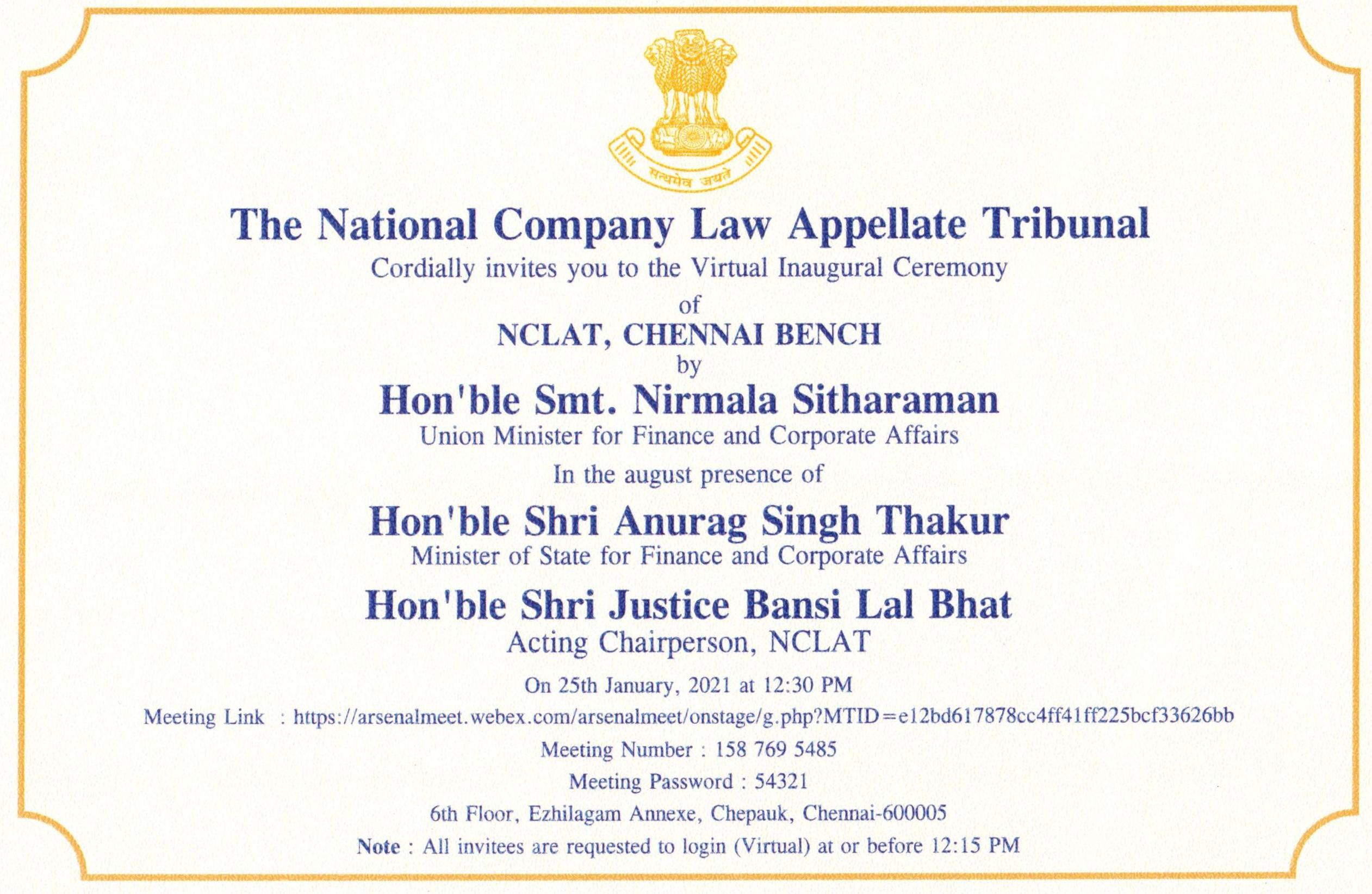 Inauguration Of NCLAT, Chennai Bench By Union Minister Smt. Nirmala Sitharaman [25th January 2021]