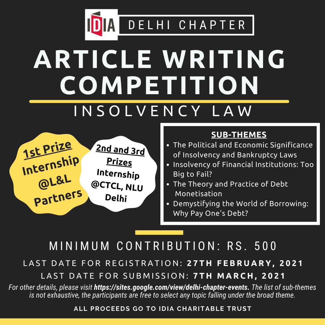 Article Writing Competition On Insolvency Law By IDIA, Delhi Chapter: Register By Feb 27